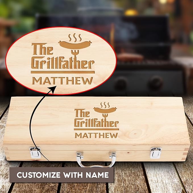 Custom Engraved BBQ Grill Set for Dad, 11pc Grilling Tool Accessories, Father's Day Grill Gift, Wooden BBQ Gifts for Men, Stainless Steel Barbecue Tool Set