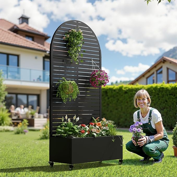Casaphoria Metal Raised Garden Bed with Trellis and Wheels, 72"x35"x16" Arched Planter Box for Climbing Plants, Vegetables & Vines, Features Drainage Holes and Privacy Screen (Black-Louvered)