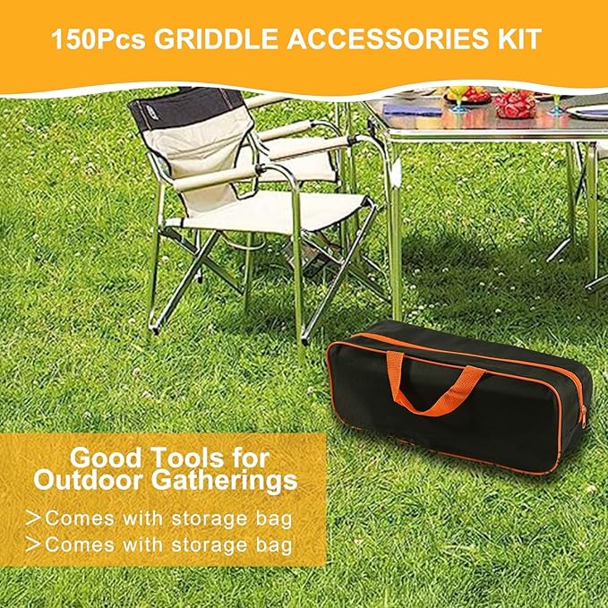 150Pcs Griddle Accessories Kit, Flat Top Grill Accessories Set for Blackstone and Camp Chef, Griddle Spatula Set with Metal Spatula, Enlarged Spatulas, Basting Cover for Outdoor Barbecue