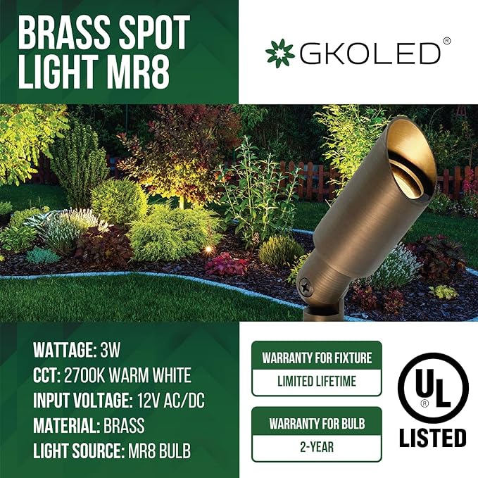 GKOLED Mini Size Brass Landscape Spotlight, Low Voltage 12V AC/DC Outdoor Directional Up Light, 180 LM, 3W MR8 LED Bulb ABS Ground Stake, 2700K Warm White, Garden Patio Trees Spot Uplight