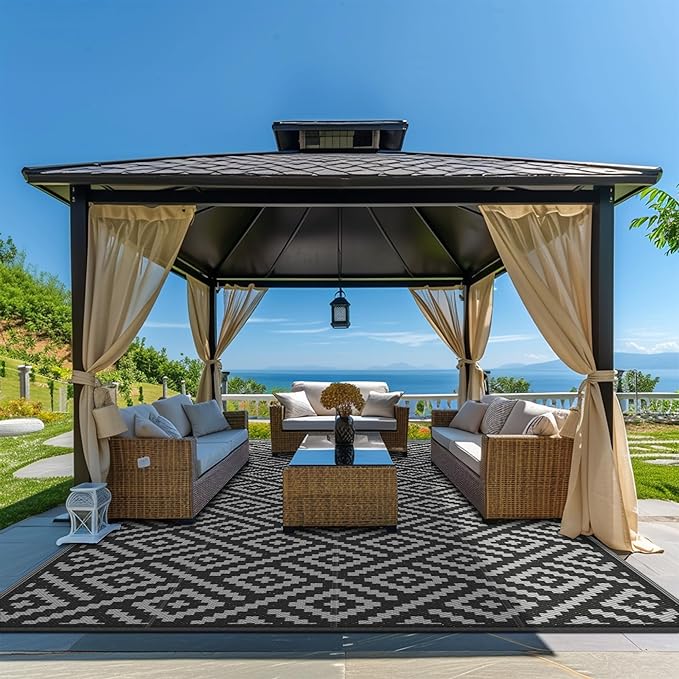 GENIMO Outdoor Rug Waterproof, 10' x 20' Reversible Plastic Straw Rug, Lightweight Large RV Camping Mat for Patio, Deck, Camper, Balcony, Backyard, Picnic, Black & Gray