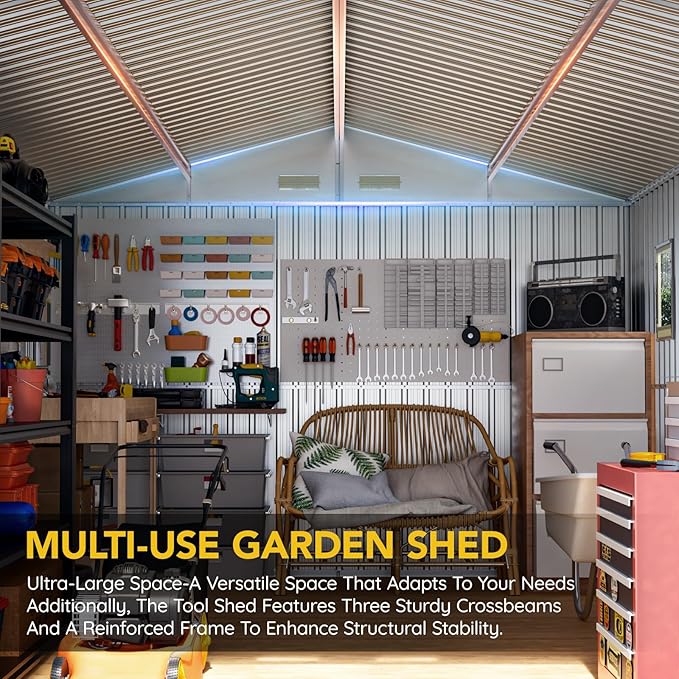 10x12x7.4FT Multi-Used Shed & Outdoor Storage Shed with Base, Lockable Doors, Windows and Vents, Extra Large Metal Shed for Garden,Backyard, Patio,Utility, Various Storage Shed(Matte Gray)