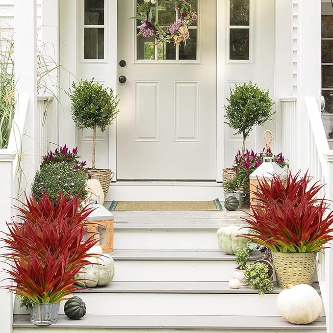 32Pcs Artificial Grass Fake Plants 17.3in Outdoor Plants UV Resistant Greenery Stems Fake Grass for Home Window Garden Office Patio Pathway Front Porch Décor Light Green & Red