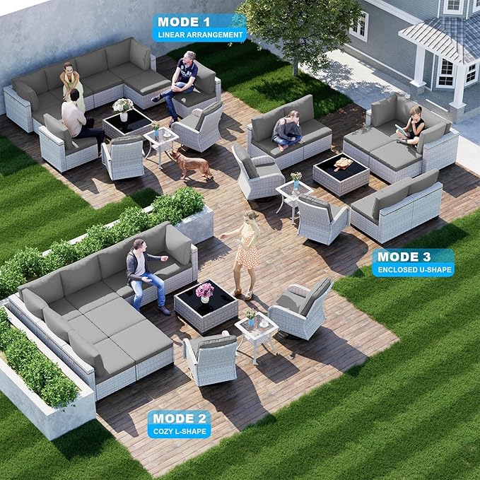 12-Piece Patio Furniture Set, Outdoor Patio Furniture with Swivel Chairs Set, Ottomans, Modular Patio Sofa, Dual-Strand Wicker Rattan, Rust-Resistant Frame, Grey