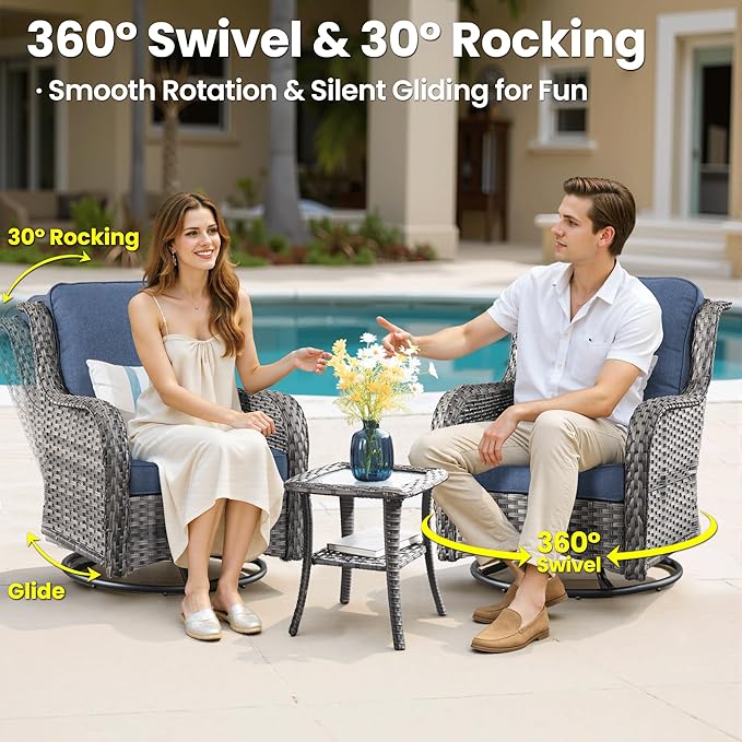 ovios 5 Pieces Patio Furniture Set, Outdoor Wicker Sofa Couch with Swivel Chairs 42" Fire Pit Table, All Weather High Back Modern Conversation Sets, Grey Rattan, Denim Blue