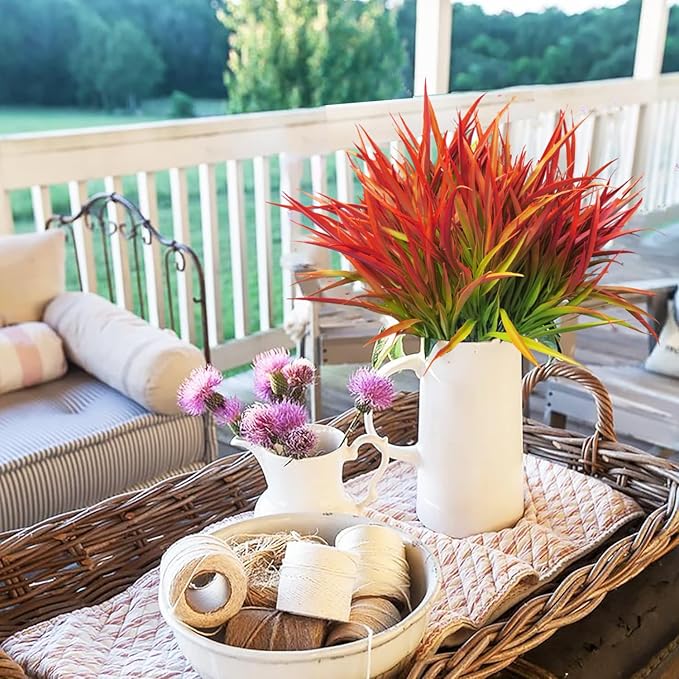 Outdoor Artificial Plants 8 Bundles Fake Plants Grass UV Resistant Fake Flowers Bush Greenery,17Inch Tall Faux Grass Shrubs for Home Porch Pathway Garden Décor Outside Indoor (red)