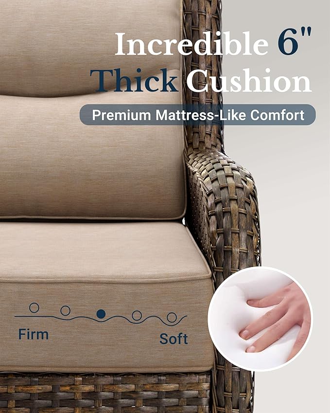 HILLGA Luxury Patio Furniture Set with 6-Inch Thick Cushions, High Back Outdoor Swivel Rocker Chairs and Table, 3-Piece All Weather Conversation Set for Porch Deck Balcony Yard, Beige (V3)