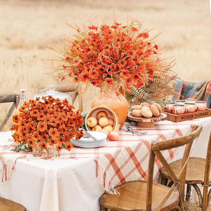 Uieke 72PCS Artificial Mums for Outdoors Fake Fall Outdoor Violet Flowers Orange Calla Lilly and Autumn Ferns No Fade for Outside Window Box Porch Planters Garden Decor