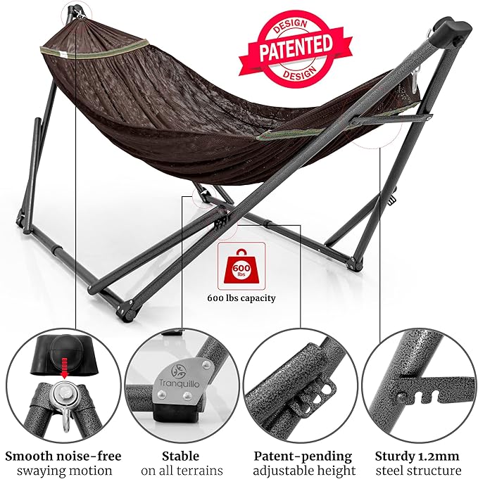 Tranquillo Universal Hammock with Stands Electro Static Coated Steel, Adjustable Foldable Hammock Stand with 2 Layered Polyester Net and Carry Bag for 2 Persons (Combo - Brown)