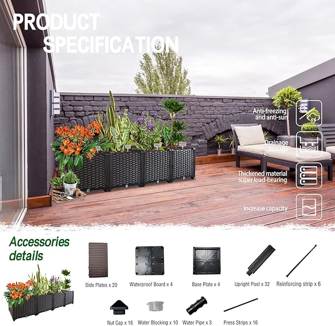 Garden Boxes Outdoor Raised Beds for Gardening Rectangular Planter Boxes Outdoor Planter Garden Box with Drain Outlet, Easy Assembly