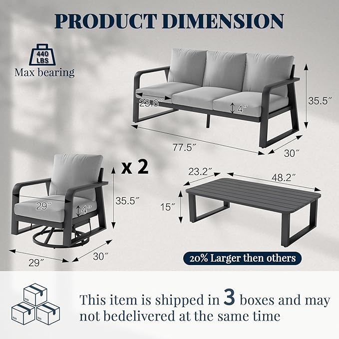 Outdoor Patio Furniture Set 4-Piece, Aluminum Swivel Rocking Chairs with All-Weather Cushions, Modern Patio Conversation Set for Deck, Porch, Garden (Dark Grey)