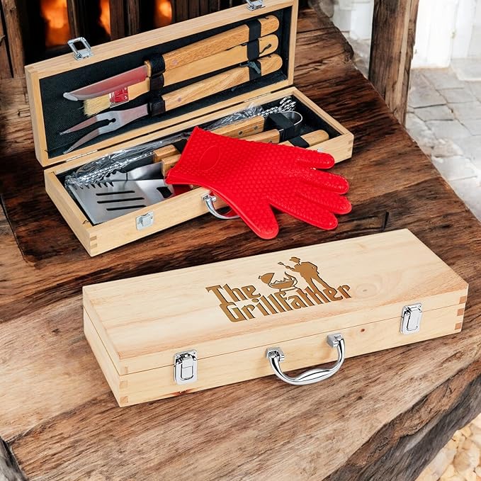 11-Piece BBQ Grilling Set with Engraved Maple Wood Box Gift for Dad Men Stainless Steel Tools with Wooden Handles The Grillfather - Christmas