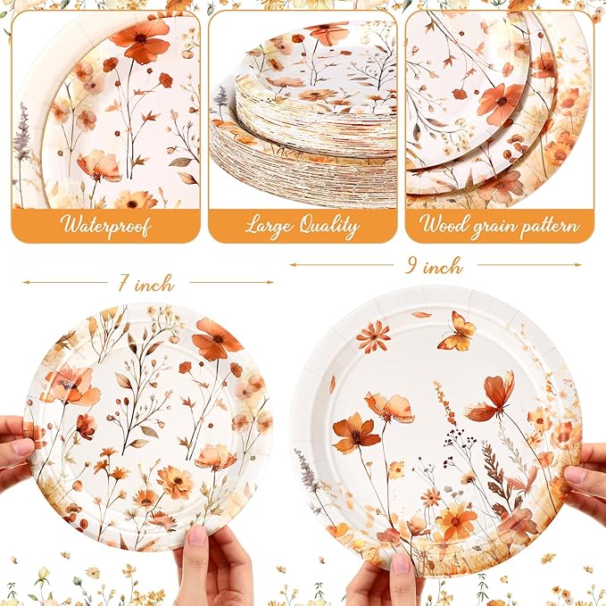 Mumufy 100 Pack Fall Wild Floral Paper Plates 9" & 7" Disposable Autumn Wildflower Cake Dessert Plates Watercolor for Dinner Wedding Baby Shower Birthday Fall Tea Party Decoration Supplies