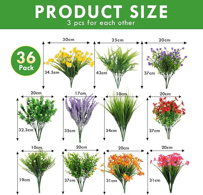 36 Bundles Artificial Plants Flowers Outdoor Spring Decoration Faux Flowers for Outdoor Planters Fake Wildflowers Faux Flowers Bulk for Hanging Planter Home Wedding Spring Summer Decor