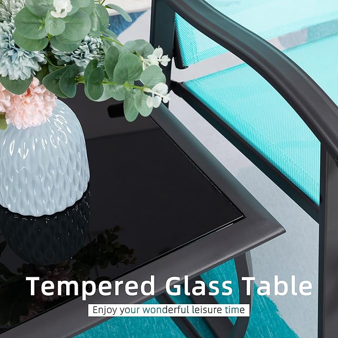 Vongrasig 3 Piece Outdoor Rocking Bistro Set, Textilene Fabric Small Patio Furniture Set, Front Porch Rocker Chairs Conversation Set with Glass Table for Lawn, Garden, Balcony, Poolside (Blue)