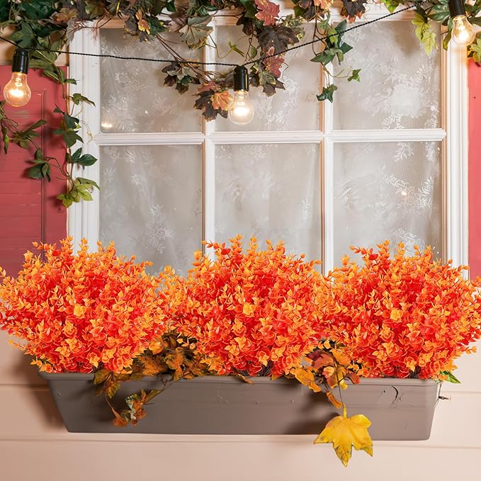 AmyHomie 20 Bundles Orange Fall Decor Artificial Flowers for Outdoor UV Resistant Faux Eucalyptus No Fade Fake Mums Plastic Plants Garden Porch Window Box Decorating
