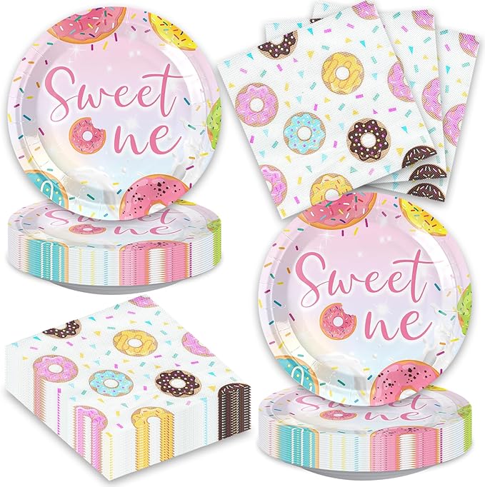 Sweet One 40Pcs Donut Party Supplies for 20 Guests - Paper Plates & Napkins for Girls' Birthday or Baby Shower Decorations
