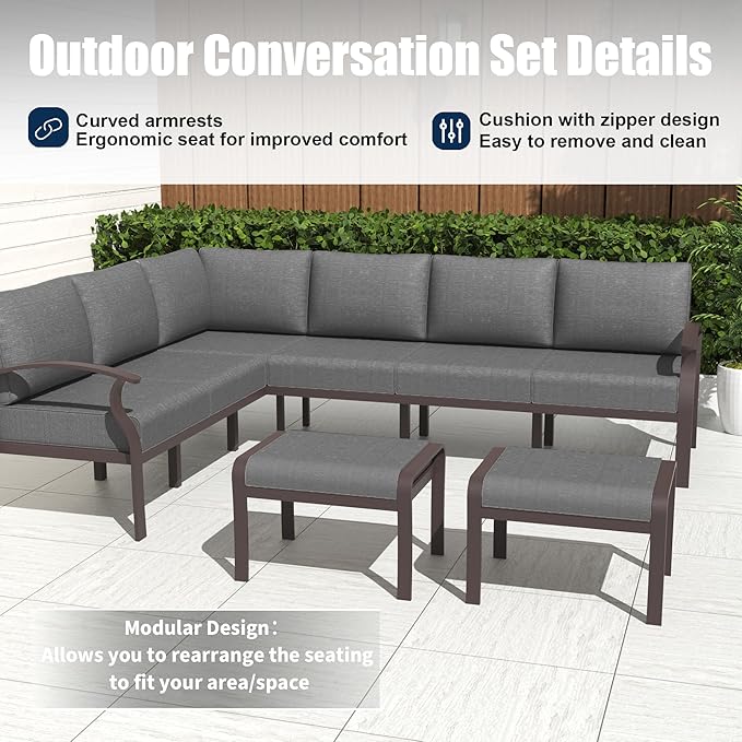 Kurapika Patio Furniture Set 8-Piece Aluminum Sectional Sofa with Armrest, Modern Outdoor Conversation Set, Metal Corner Sofa with Ottoman, Grey
