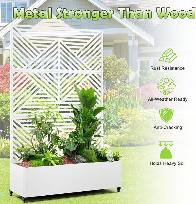 15.7"×70.9"×47.2" Metal Raised Garden Bed with Trellis and Wheels - Tall Trellis Planter Box for Climbing Plants, Vegetables & Vines - Outdoor Privacy Planters for Patio (White-Zodiac)