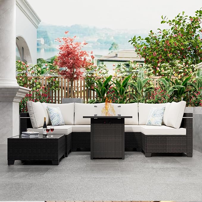 Patio Furniture Set with Fire Pit Table, 8-Piece Outdoor Furniture Sofa Set with Thick Cushions, Wicker Sectional Sofa for Porch Garden Backyard, Brown/Beige