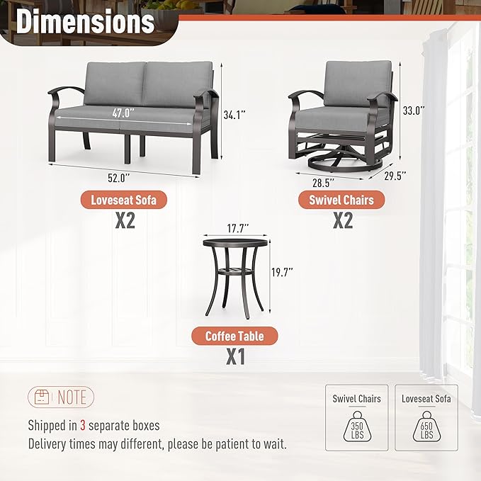 Kurapika Aluminum Patio Furniture Set 6-Seat Modern Metal Outdoor Conversation Sets w/Swivel Rocking Chairs Patio Sectional Sofa w/5.1 Inch Cushion, Grey