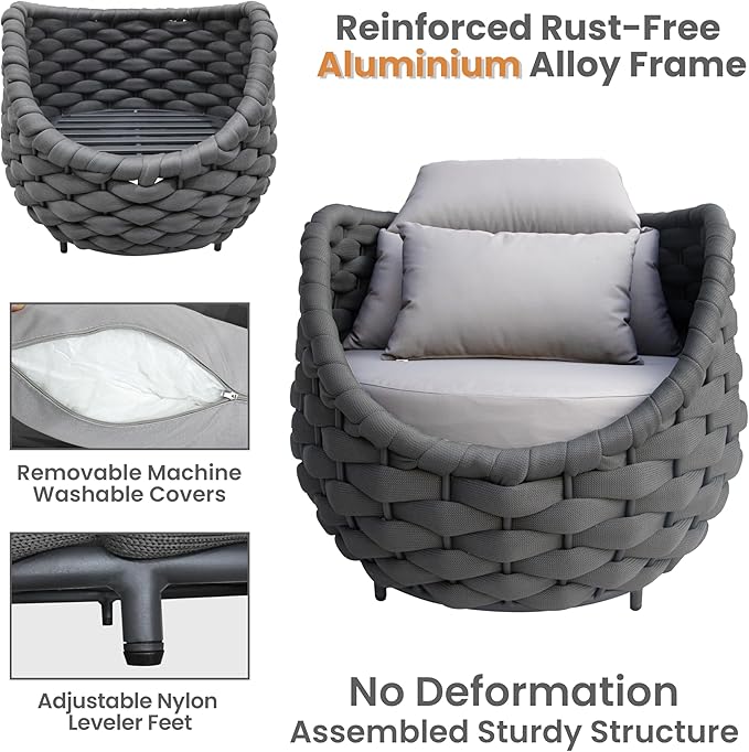 Woven Rope Outdoor Chair: Aluminum Patio Accent Chair with Arms - Assembled Cushioned Lounge Chair for 400lbs - Morden Porch Furniture Seating for Deck Balcony Garden Pool Backyard Hotel Resort
