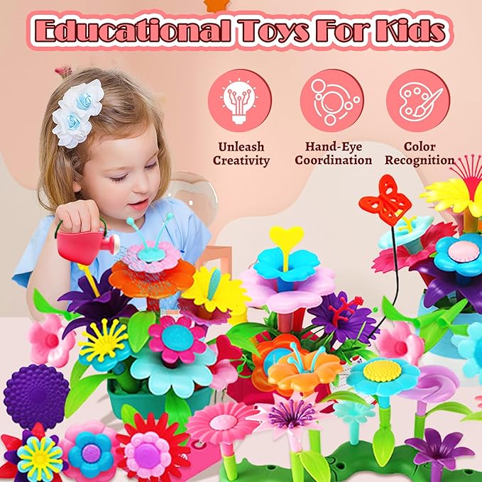 FUNZBO 138pcs Flower Garden Building Set - Easter Spring Toys for 3 4 5 6 7 Years Old Girl, Sorting & Stacking Building Block, STEM Montessori Educational Toy for Kid Toddler Birthday Gift