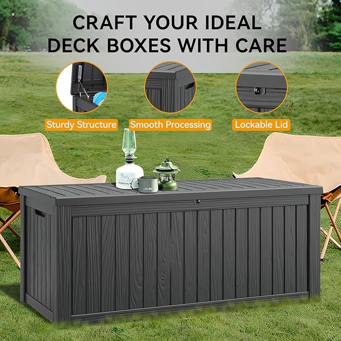 NUNU LAB 180 Gallon Outdoor Storage Box, Large Resin Deck Box with Double Wall Panels, Waterproof Patio Storage Bin for Garden Tools, Pool Accessories, Package Deliveries & Outdoor Gear