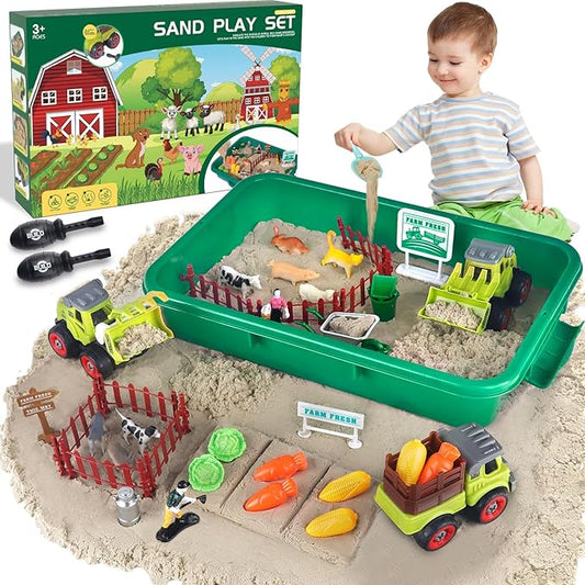 Farm Sensory Bin, Farm Sensory Kits Toy with 2.2lbs Play Sand, 31pcs Animals Trucks Creativity Magic Sand Box with Lid, Christmas Birthday Gift for Boys Kids Toddlers Ages 3 4 5 6 7 8