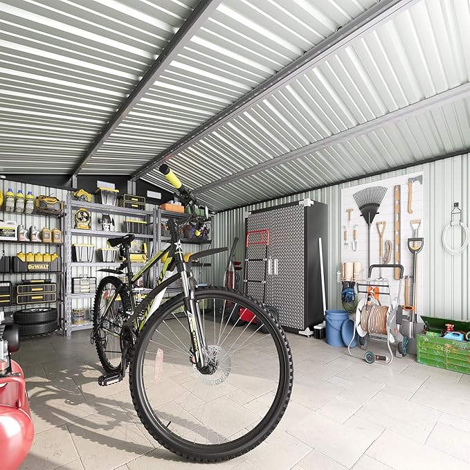 10x12FT Outdoor Storage Shed, Metal Garden Shed with Lockable Double Doors & Sloping Roof, Weather-Resistant Tool Shed for Backyard, Patio, Poolside Black