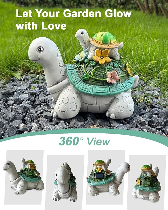 Solar Garden Lights Outdoor Statues – 2 Turtle Figurines with 7 LED Lights, Cute Lawn Ornaments for Yard, Patio, Porch, Balcony – Waterproof Solar Turtle Garden Decor for Outside