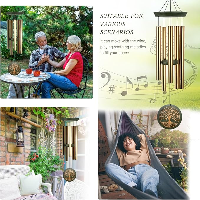 Memorial Wind Chimes for Outdoor & Gifts – Engraved Tree of Life, 36” Durable Metal Chimes with Soothing Melodies, Waterproof & Customizable Tones