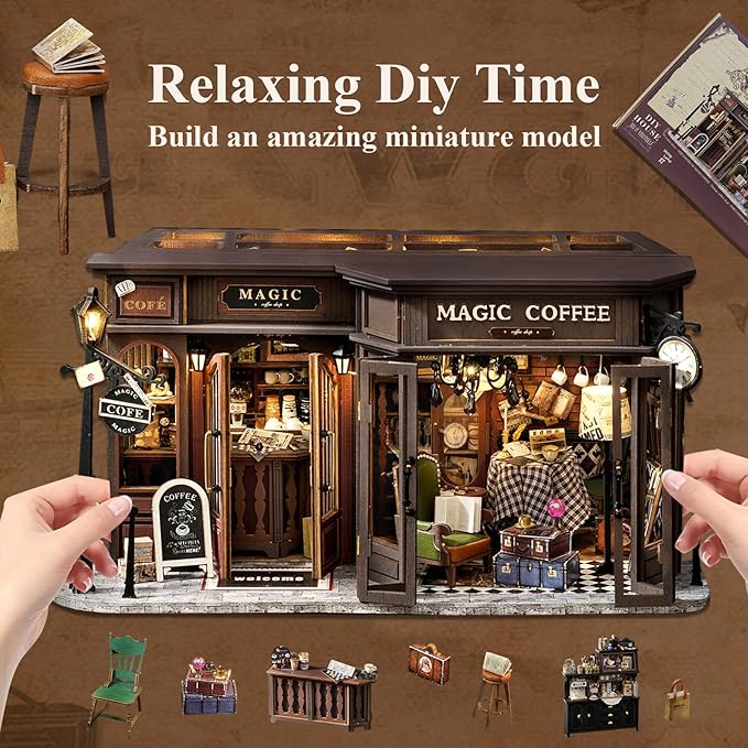 Fsolis DIY Miniature Dollhouse Kit for Adults - Tiny House Mini Scene 3D Puzzles Gifts for Women Teenagers Craft Lovers (Magic Coffee)