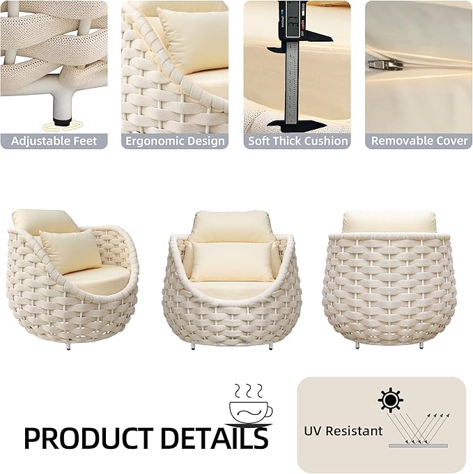 TWT Outdoor 3-Piece Conversation Set Rust Free Patio Furniture Set Already Assembled Compact-Weave Rope Olefin Modern Sofa Seating with Thick & Washable Cushions for Indoor, Backyard, Balcony, Cream