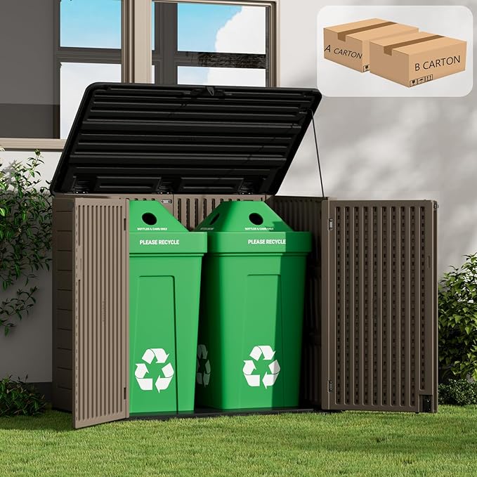 ZZM Large Outdoor Storage Shed, 48 Cu Ft Resin Versatile Storage Cabinet for Patio Accessories, Trash Cans & Garden Tools, Durable Horizontal Storage Box with Lockable Lid (Coffee)