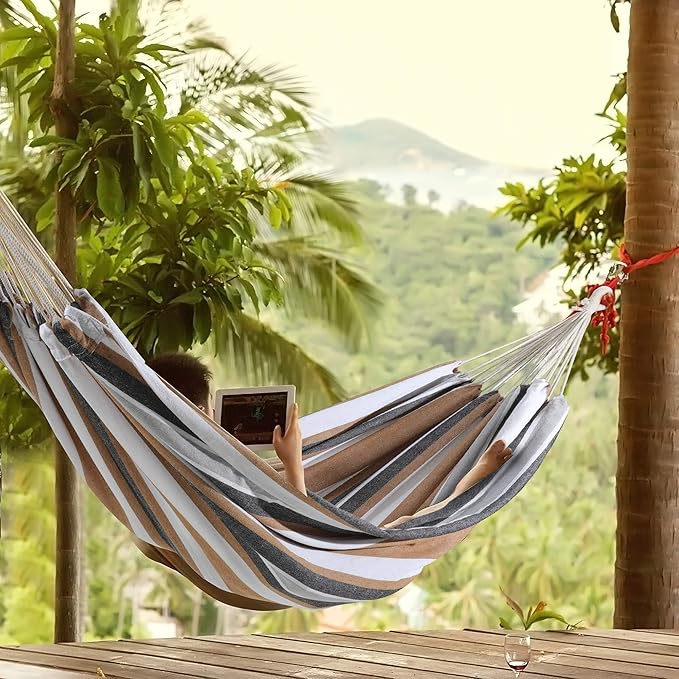 Double Hammock Brazilian Hammocks with Portable Carrying Bag,Soft Woven Fabric, Up to 450 Lbs Hanging for Patio,Trees,Garden,Backyard,Porch,Outdoor and Indoor XXX-Large Brown&Grey Stripe