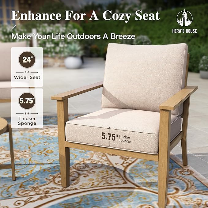 HERA'S HOUSE Patio Furniture Set 5-Piece, All-Weather Metal Outdoor Conversation Set with Wood Grain Finish, 2 x Leg Chair, 1 x 3-Seat Sofa, 2 x Multi-Functional Coffee Table for Garden Deck Backyard