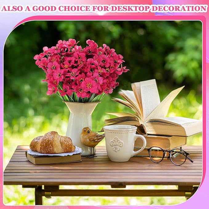 Lyrow 100 Bundles Violet Artificial Flowers, UV Resistant Faux Flowers Outdoor, Faux Silk Flowers, Fake Violet Flowers Bulk for Front Porch Hanging Garden Courtyard Farmhouse Home(Rosy)