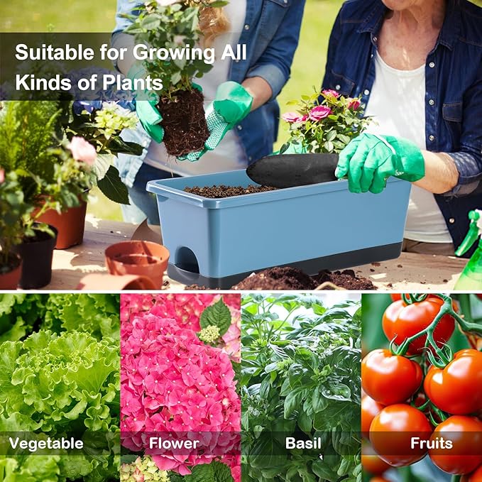 Window Box Planter 8 Pcs, 17 Inches Rectangle Flower Pots with Drainage Holes and Trays, Vegetable Planters for Windowsill Patio Garden Balcony Home Porch Yard Indoor Outdoor (Blue)