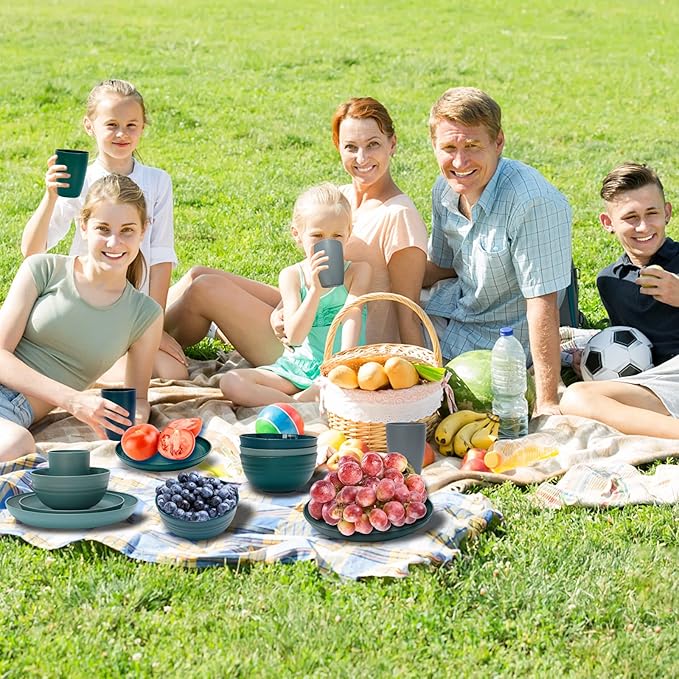 Plastic Dinnerware Sets for 6, Osonm 24PCS Lightweight Unbreakable Plates Bowls Cups Sets, Dishwasher Microwave Safe Dishes Set for Camping, RV, Picnic, Kitchen, Great for Kids & Adults