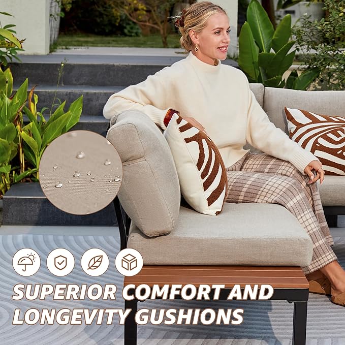 NATURAL EXPRESSIONS Patio Furniture Sets, Metal Outdoor Sectional L Shape Corner Sofa Outdoor Couch with Detachable Backrest,3 Fauxwood Tables,Black Frame,Shale Olefin Cushions for Yard,Garden