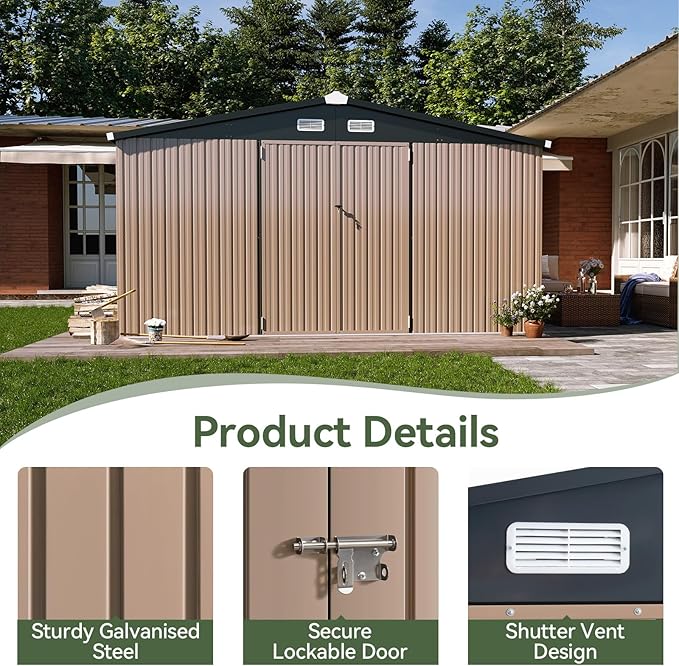 Aoxun 12x10 FT Shed Outdoor Storage Shed with Spacious Doors, Large Shed Steel Utility Tool Shed Storage House with Door & Lock, Metal Sheds with Sloped Roof for Garden Patio Lawn Poolside, Brown