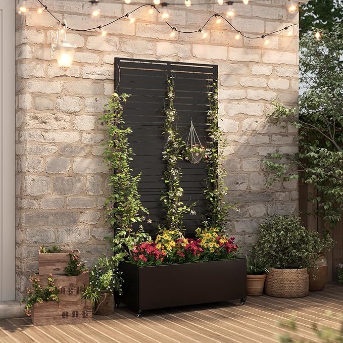 Metal Raised Garden Bed with Trellis & Wheels,70" x 35"x 15.7" Planter Box with Trellis,Privacy Planters for Patio,Garden Bed for Climbing Plants,Suitable for Climbing Plants and Vegetables,Black