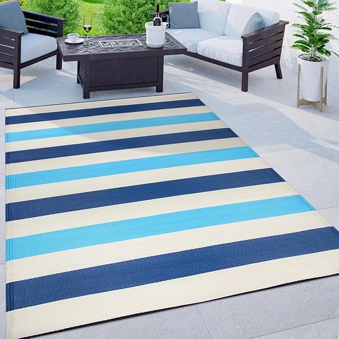 Rugshop Contemporary Stripe Reversible Crease-Free Waterproof Premium Recycled Plastic Outdoor Rugs for Patio,Backyard,RV,Deck,Picnic,Trailer,Beach,Camping,Sunroom Blue 5' x 7'