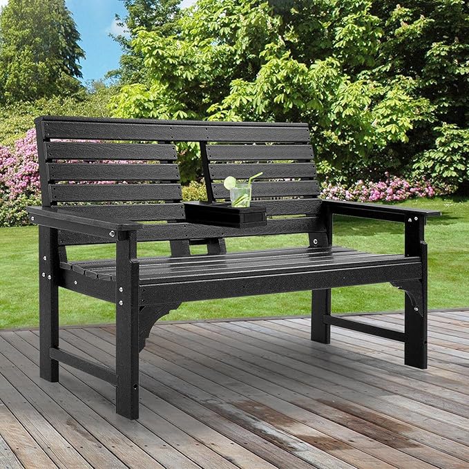 Outdoor Bench Weatherproof - HDPE 2-Person Garden Bench with Cup Holders, Bench Furniture with Backrest and Armrests, 700 lbs Capacity, Patio Park Bench for Front Porch Backyard Park (Black)