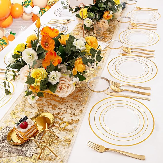 WELLIFE 300Pcs Clear Gold Dinnerware, Clear and Gold Plates Heavy Duty, Including 50 Dinner and 50 Dessert Plates, 50 Cups, 50 Silverware