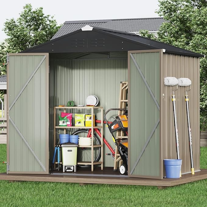 Devoko Outdoor Storage Shed 8 x 6 FT Lockable Metal Garden Shed Steel Anti-Corrosion Storage House with Single Lockable Door for Backyard Outdoor Patio (Brown)