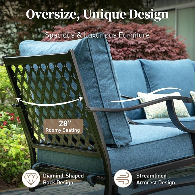 6 Piece Metal Outdoor Patio Furniture Set, Patio Conversation Sets 1 3-Seater Sofa, 2 Swivel Chair, 2 Leg Chair with 5.75" Thick Cushion and Coffee Table, Backyard Furniture Set, Navy