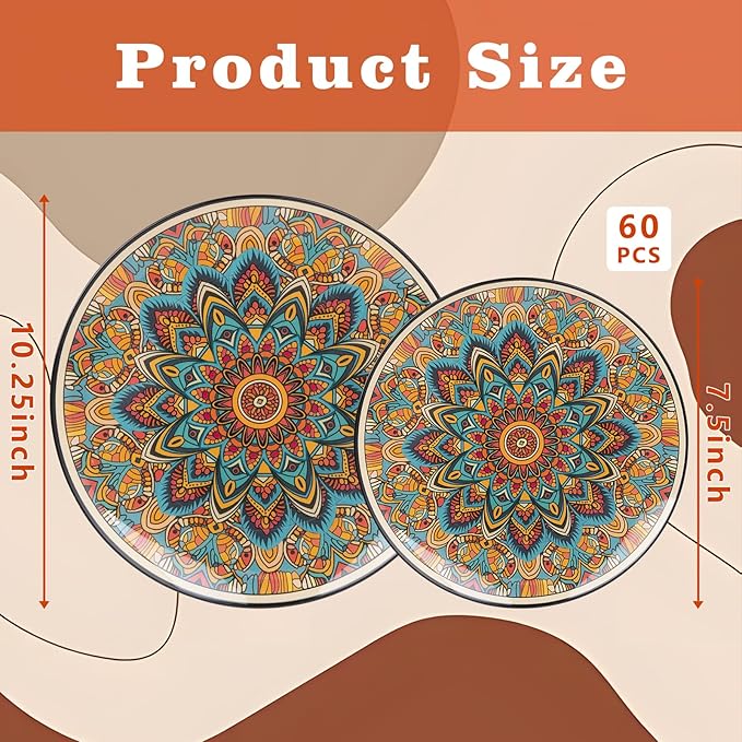 60PCS Bohemian Plastic Plates - Boho Plate Disposable - Vintage Bohemian Style Plate Include 30 Dinner and 30 Dessert Plates for Kitchen Party Decorative