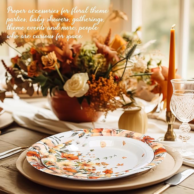 Mumufy 100 Pack Fall Floral Paper Plates 9" & 7" Disposable Autumn Wildflower Cake Dessert Plates Watercolor for Dinner Wedding Baby Shower Birthday Fall Tea Party Decoration Supplies